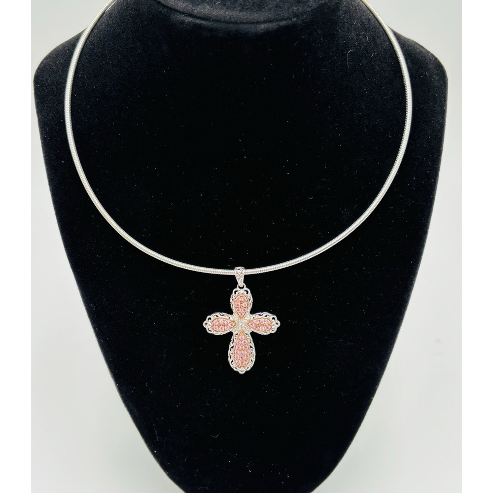 925 BBJ Sterling Silver‎ Pink CZ Cross Pendant Necklace Snake Chain 16"